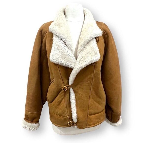 Vintage Tan Leather Sherpa Jacket Size Medium - Picture 1 of 12